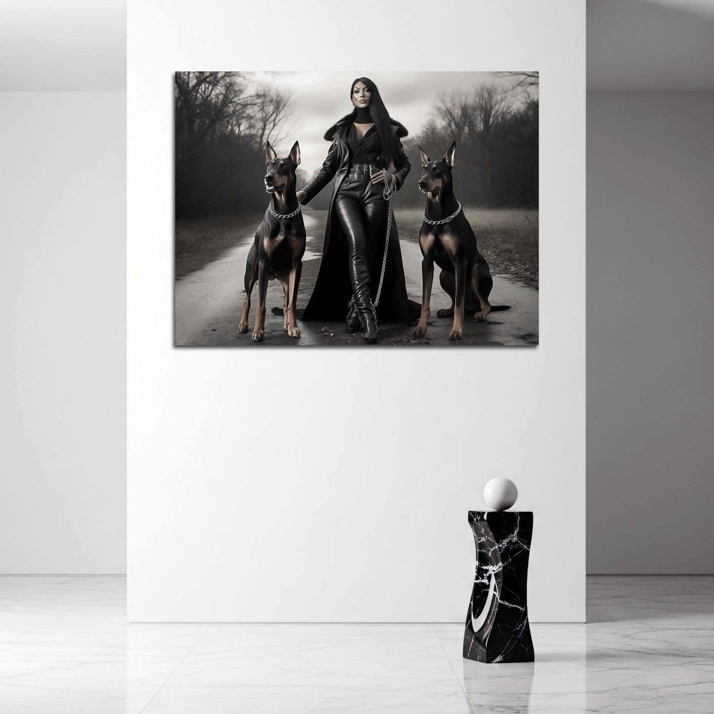 Donna potente cani dobermann look nero quadro