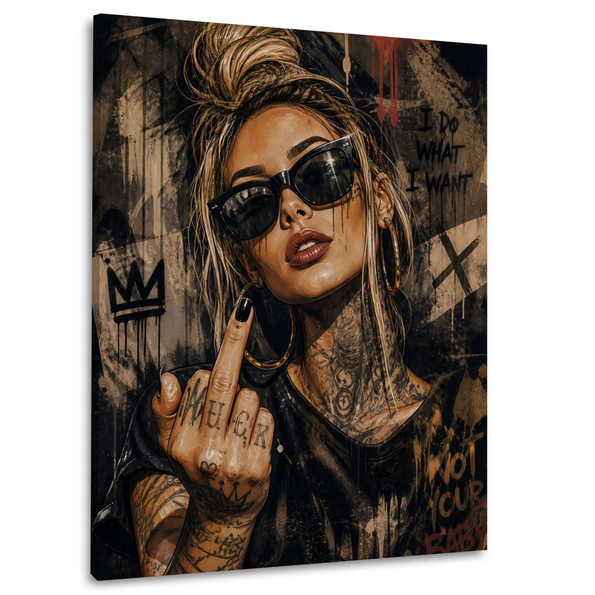 Donna ribelle con occhiali da sole e tatuaggi Street Art quadro