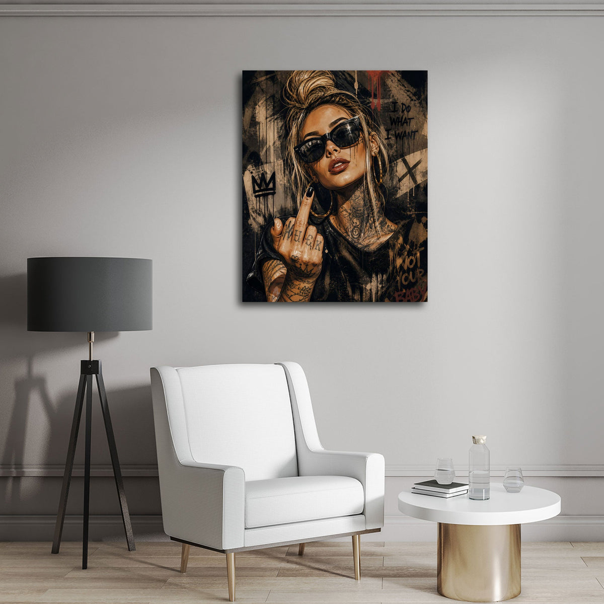 Donna ribelle con occhiali da sole e tatuaggi Street Art quadro