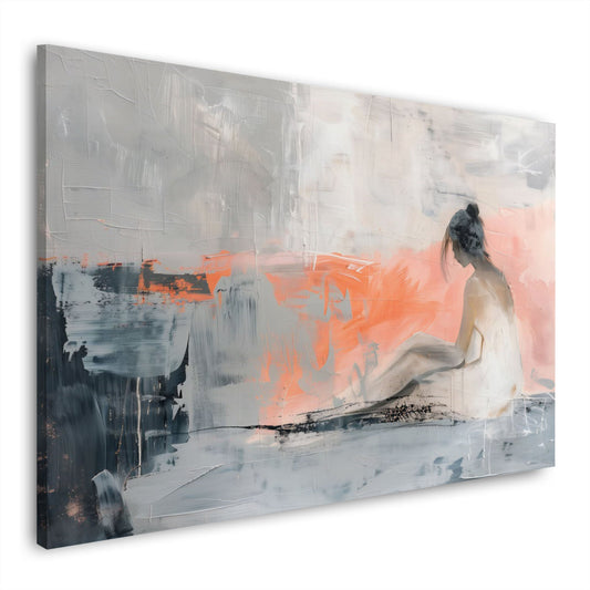 Donna seduta astratta con accenti color corallo quadro
