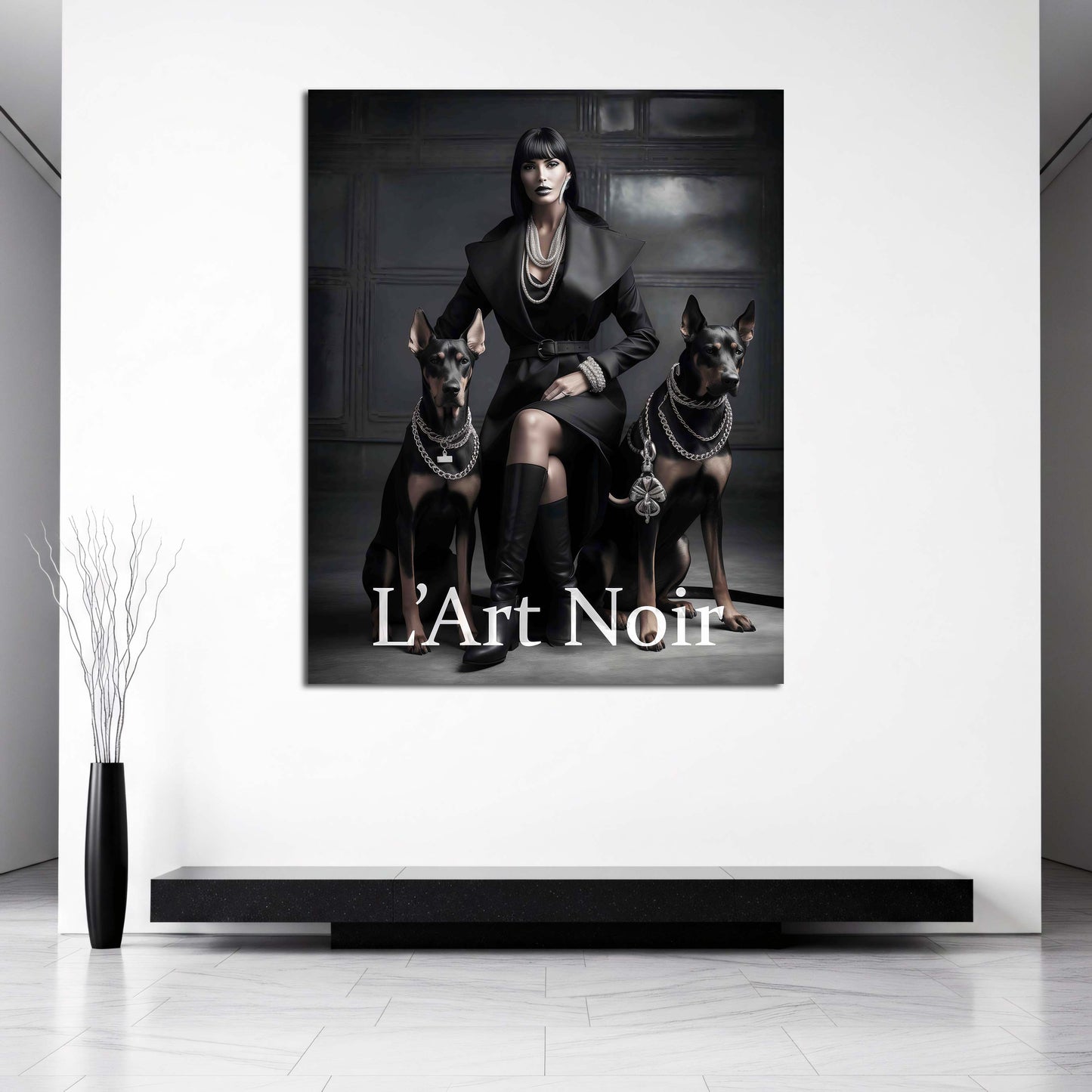 Donna sofisticata con due dobermann bianco e nero artistica quadro