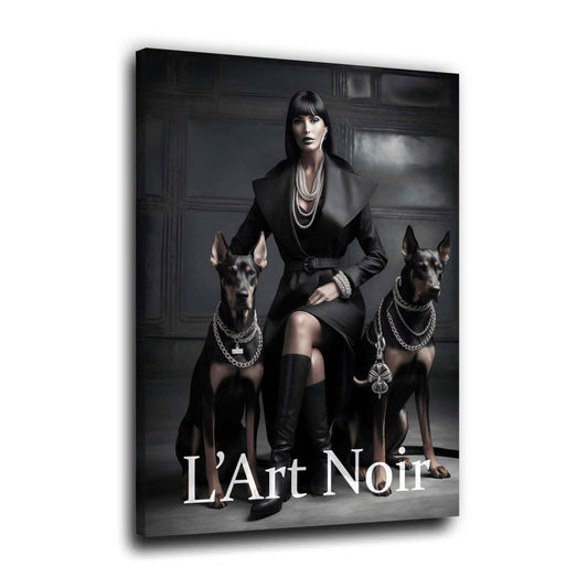 Donna sofisticata con due dobermann bianco e nero artistica quadro