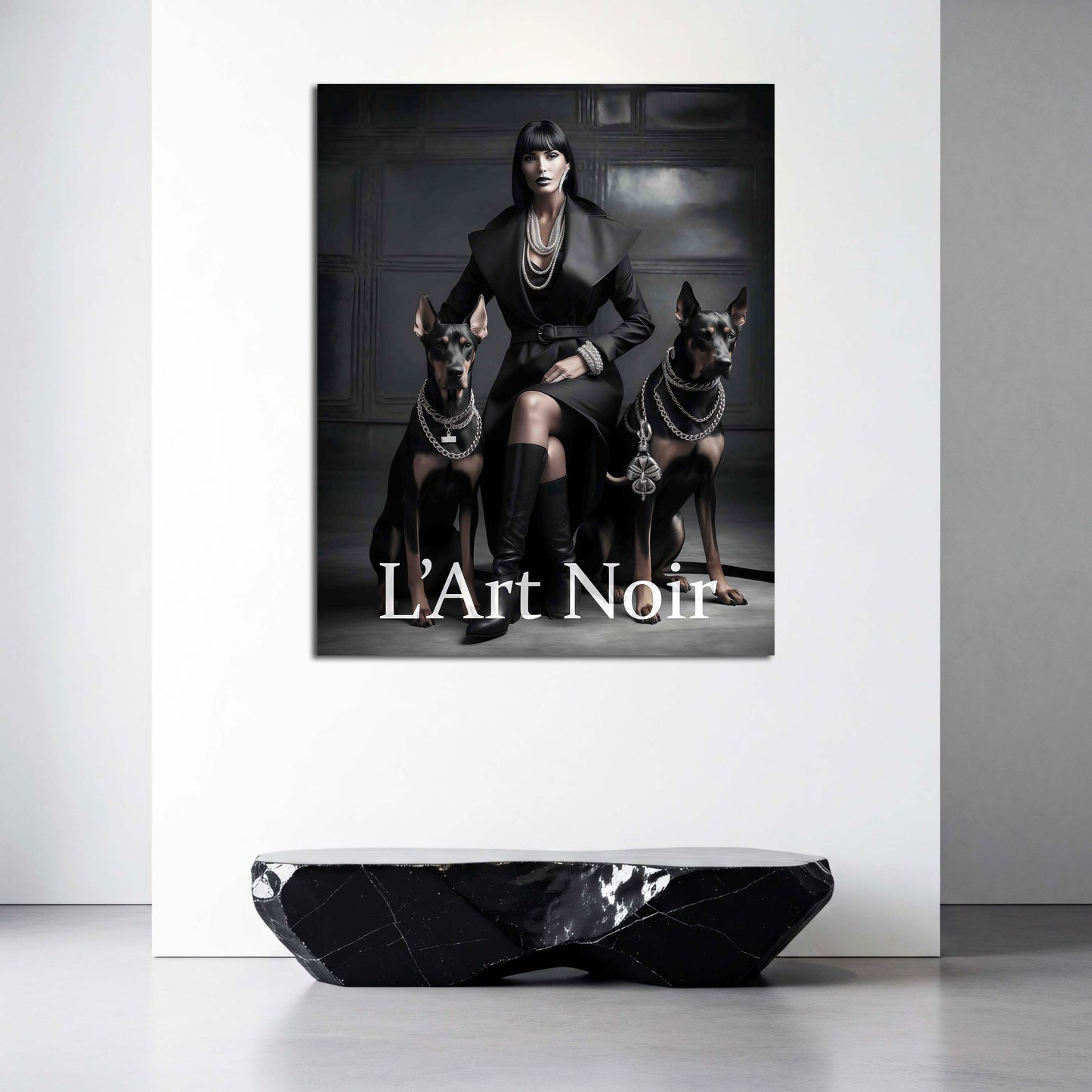 Donna sofisticata con due dobermann bianco e nero artistica quadro