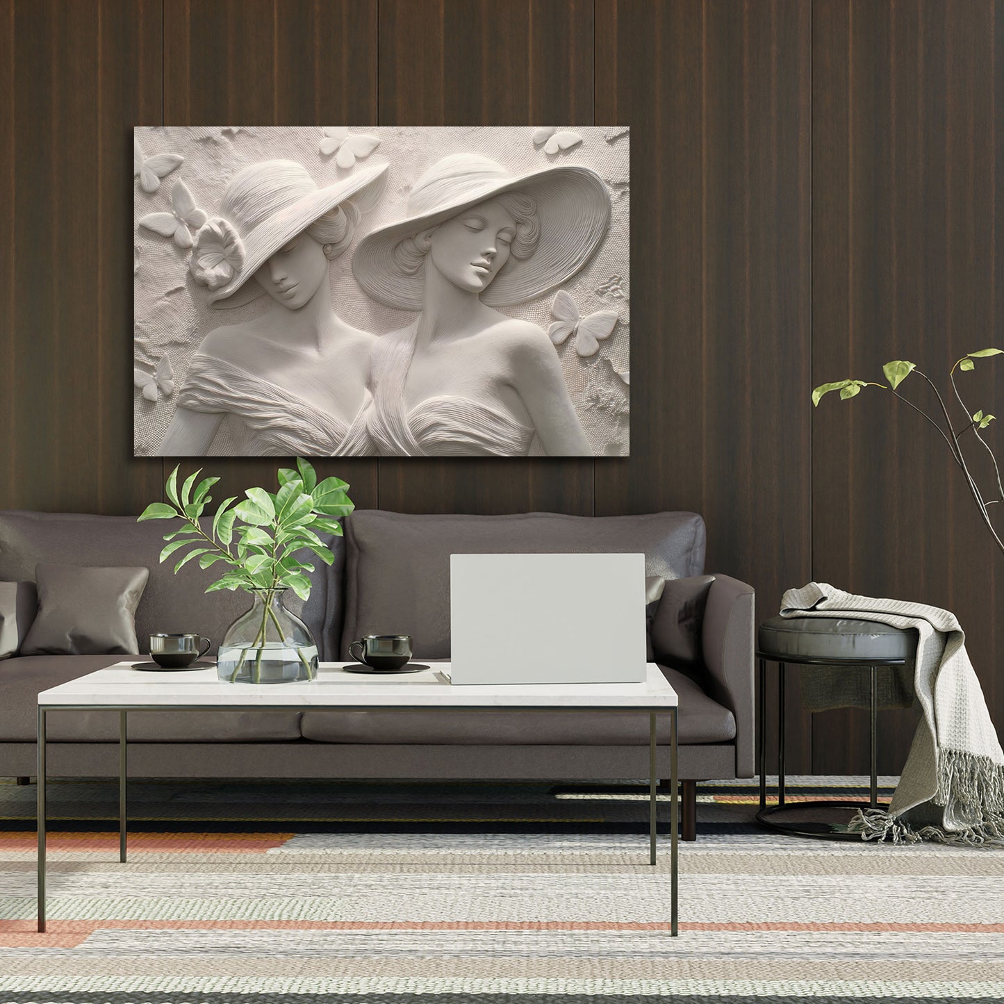 Donne eleganti ritratto con cappello farfalle rilievo decorativo quadro