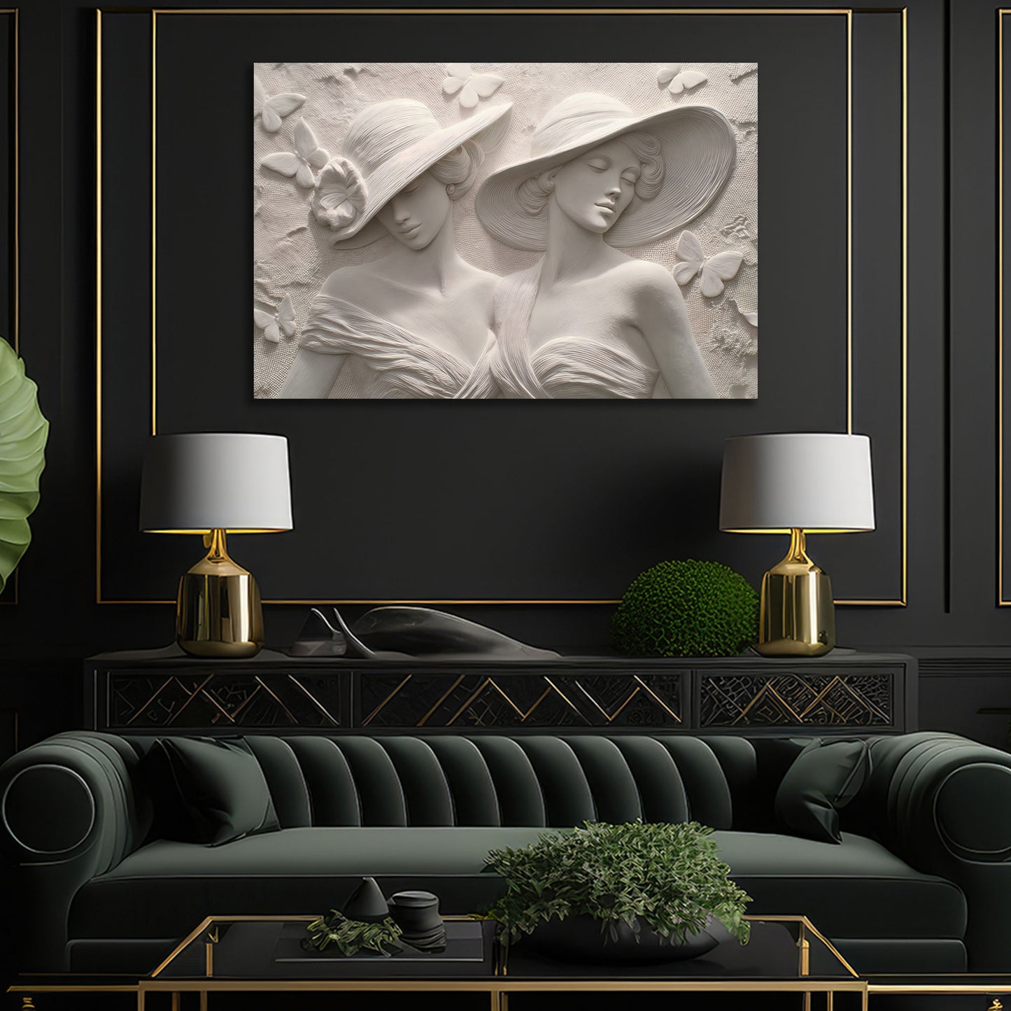 Donne eleganti ritratto con cappello farfalle rilievo decorativo quadro