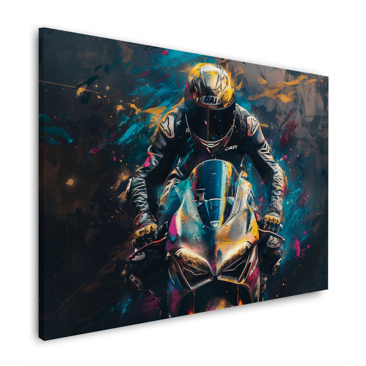 Ducati dorata con pilota vista frontale Street Art quadro