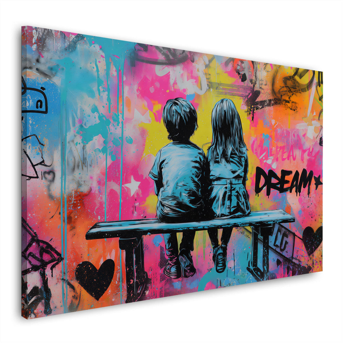 Due bambini su una panchina davanti a muro graffiti Dream quadro