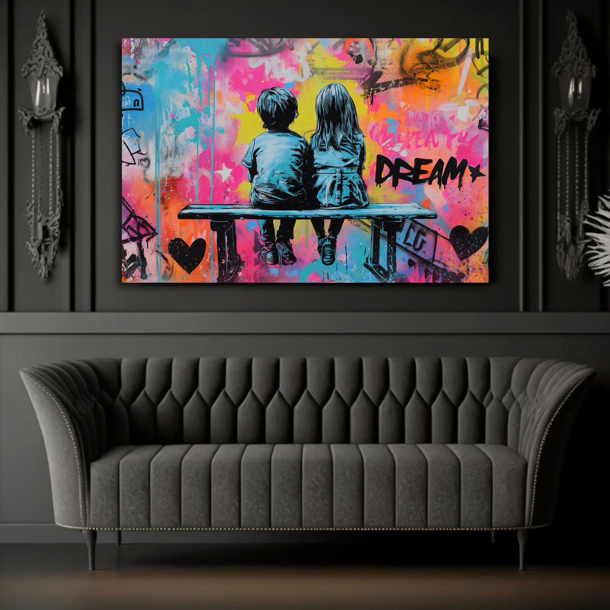 Due bambini su una panchina davanti a muro graffiti Dream quadro