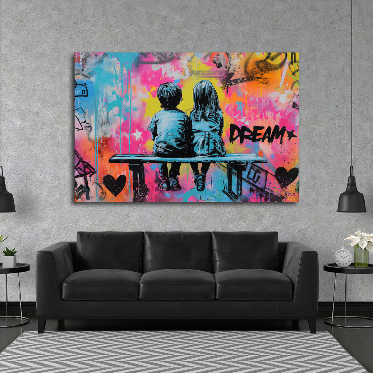 Due bambini su una panchina davanti a muro graffiti Dream quadro