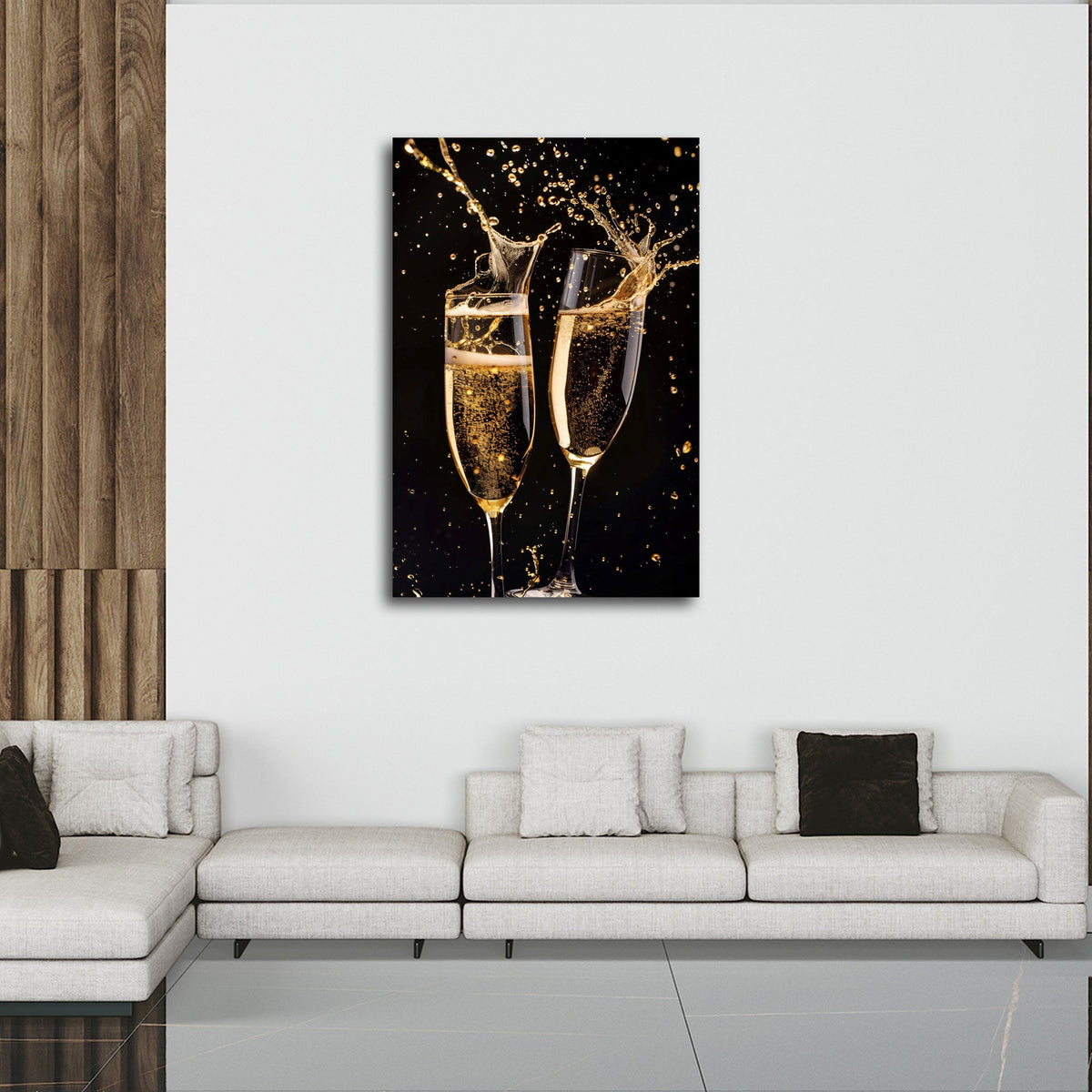 Due calici di spumante con schizzi di champagne dorati quadro
