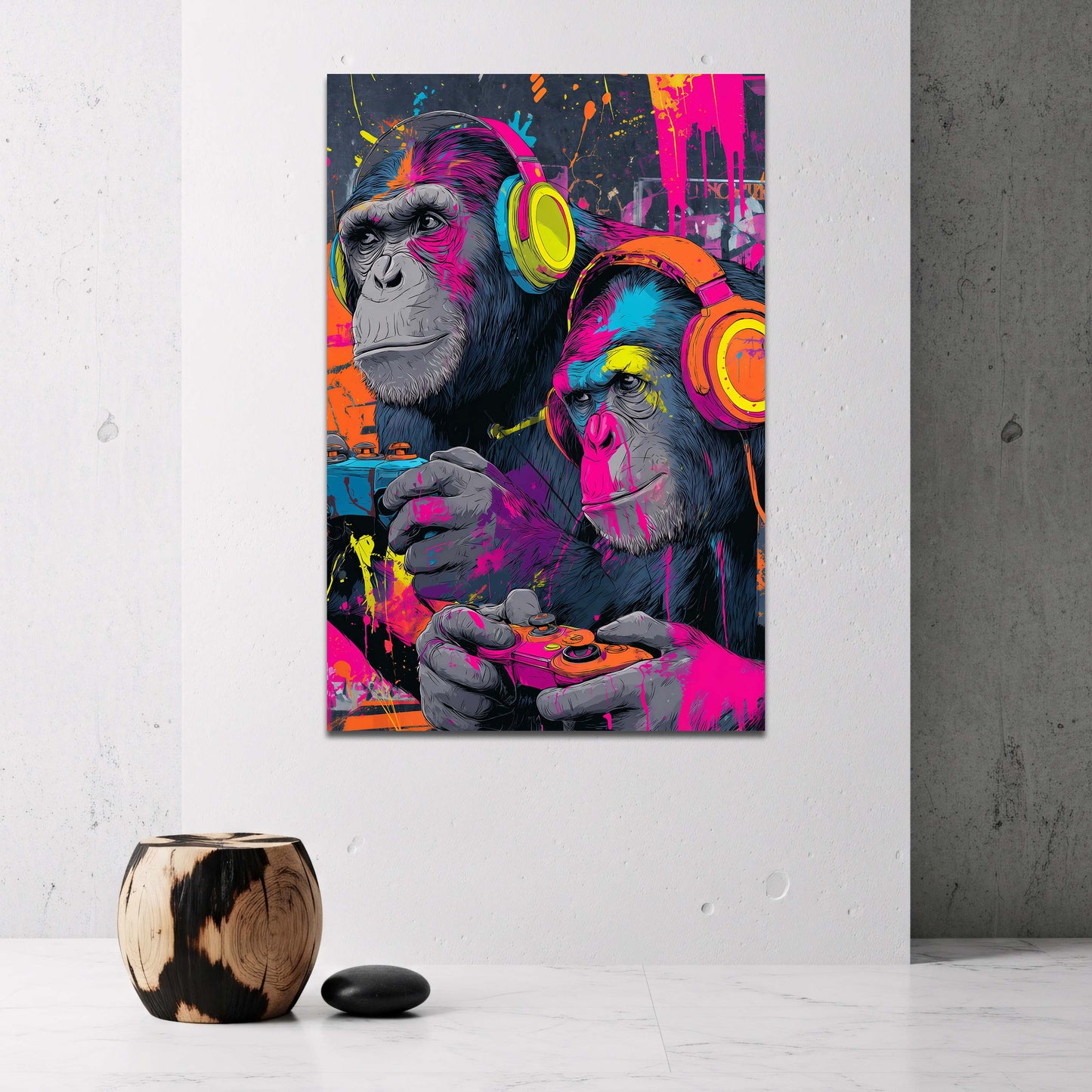 Due gorilla con cuffie e controller neon graffiti quadro