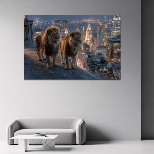 Due leoni sul tetto con skyline di New York di notte quadro