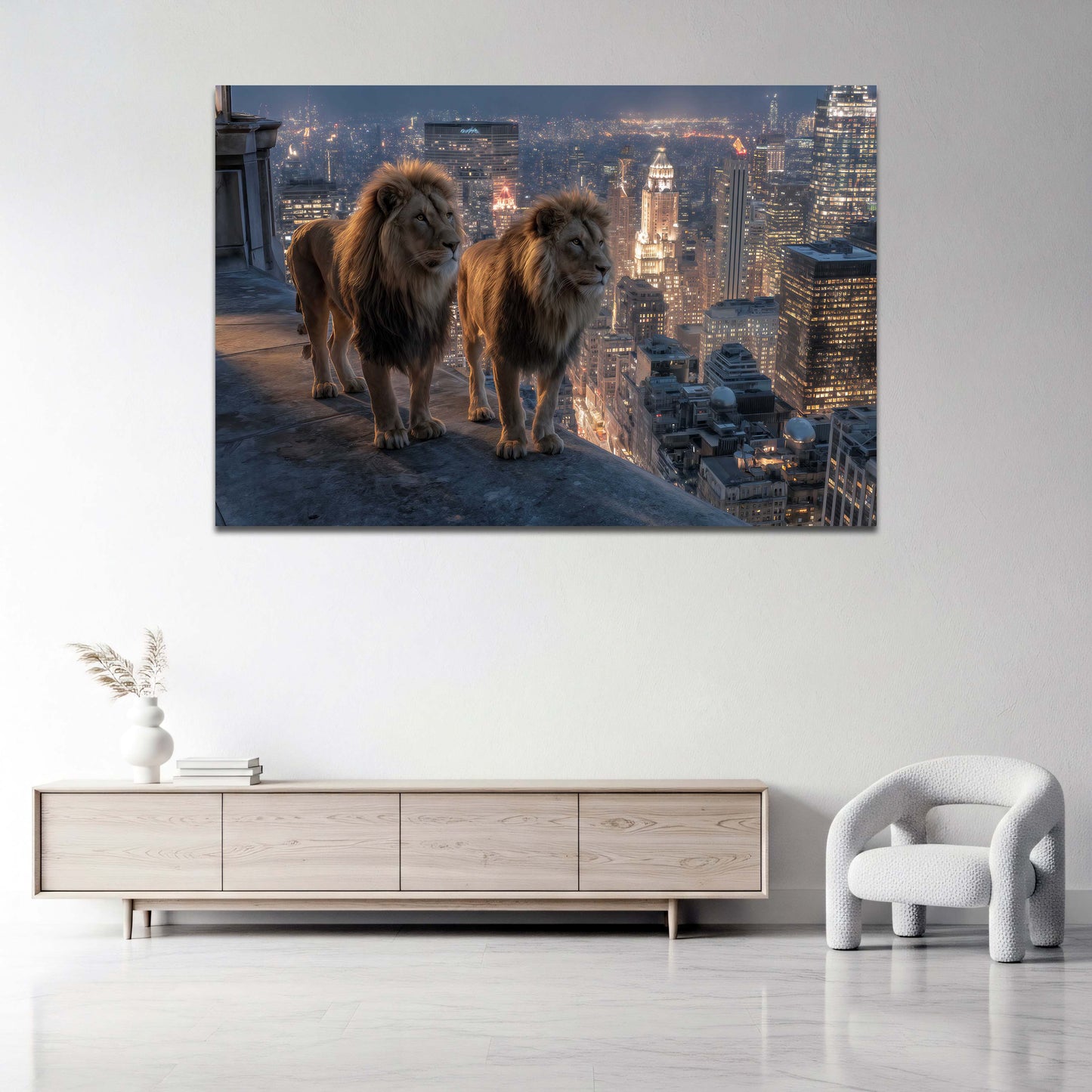 Due leoni sul tetto con skyline di New York di notte quadro