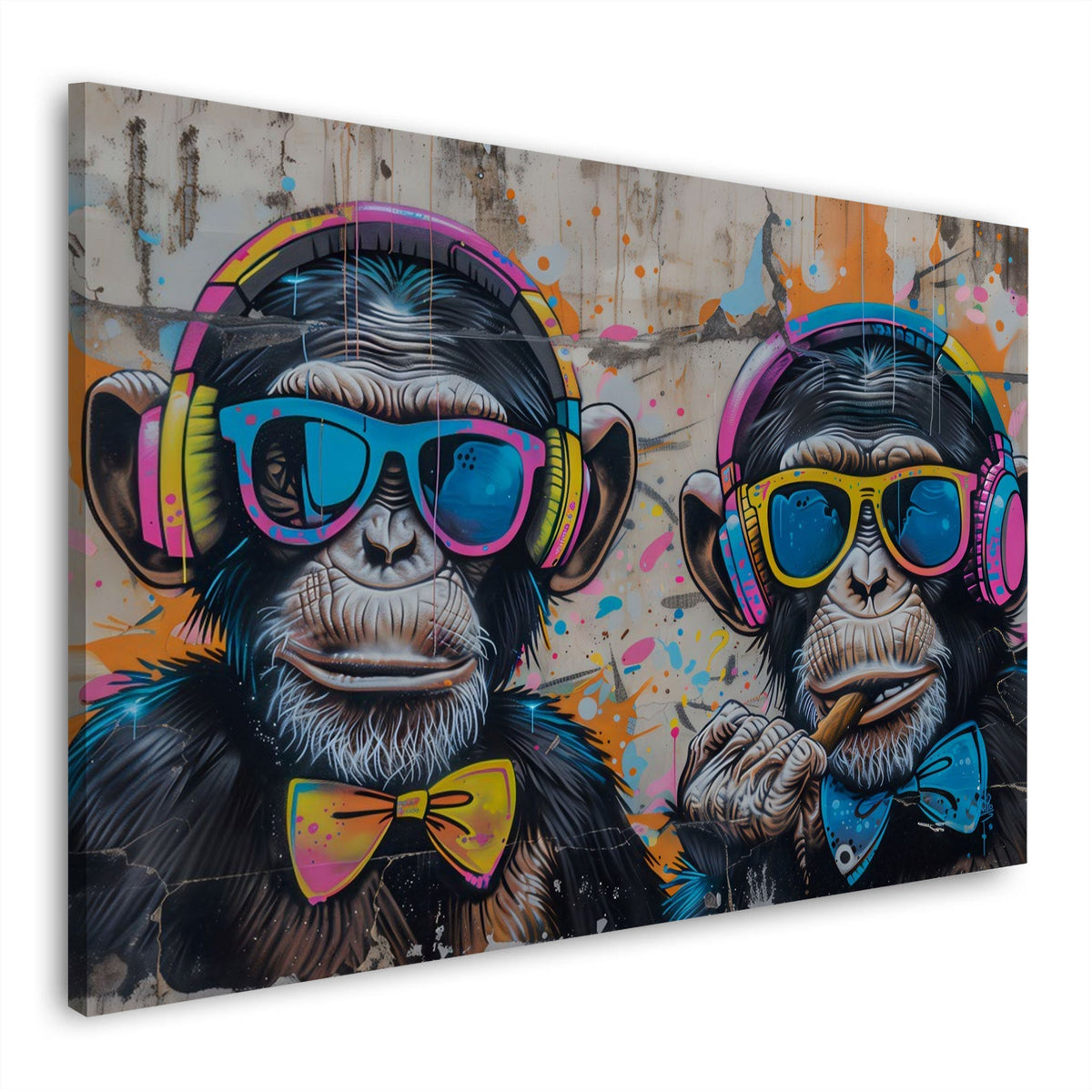 Due scimpanzé con cuffie e occhiali da sole graffiti quadro