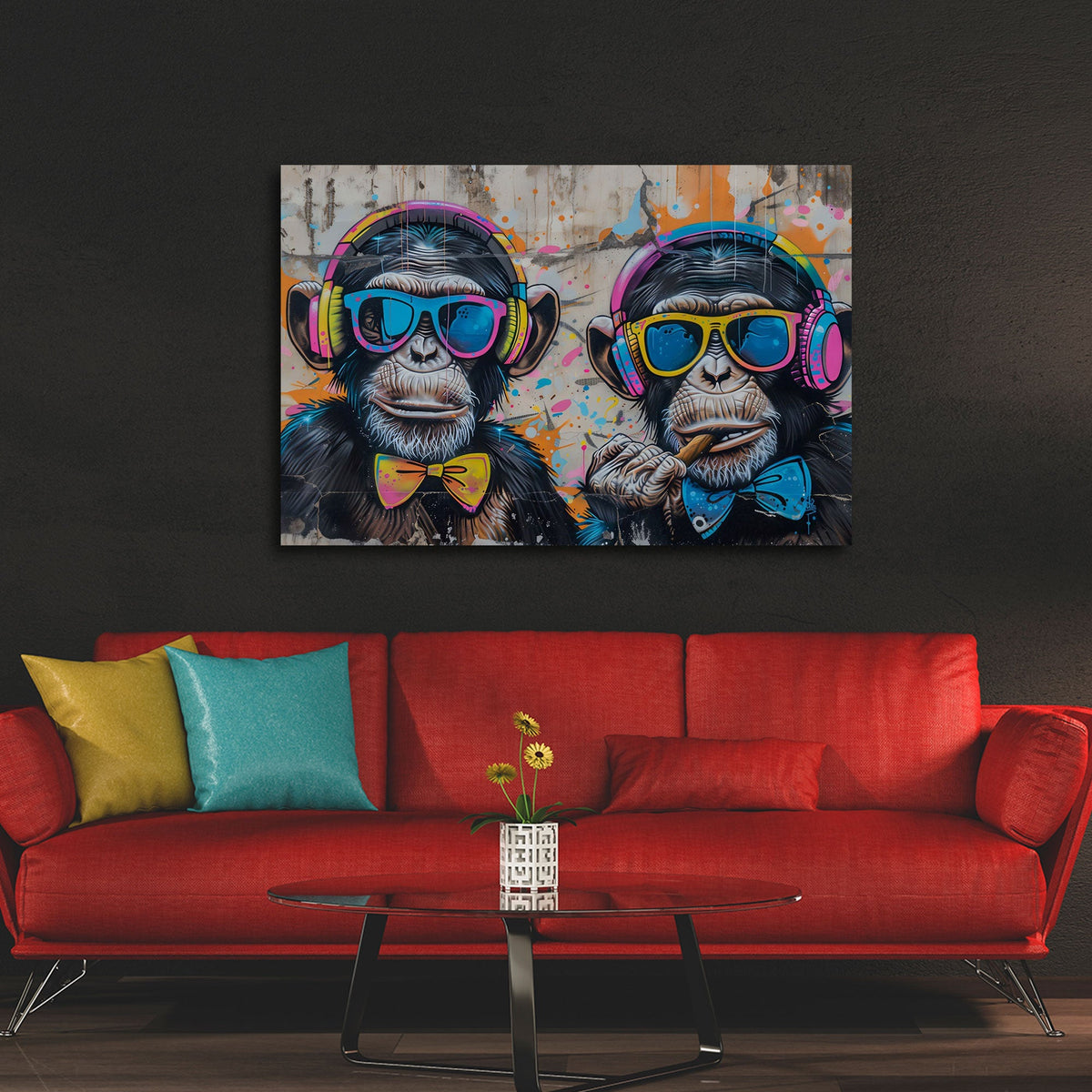 Due scimpanzé con cuffie e occhiali da sole graffiti quadro
