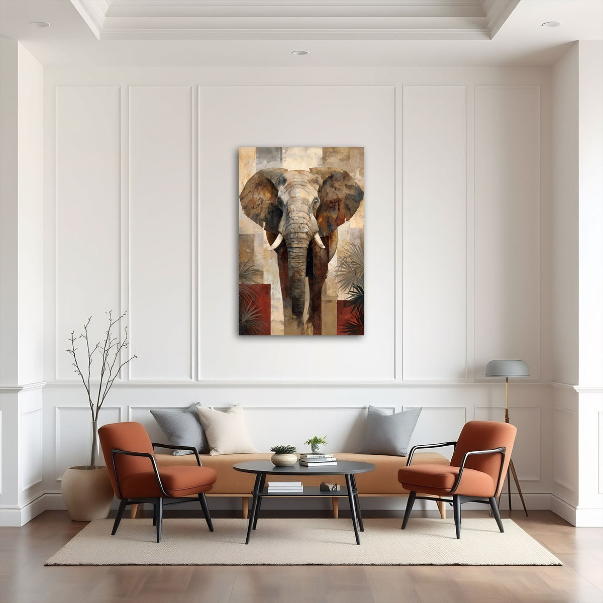Quadro elefante toni caldi in soggiorno