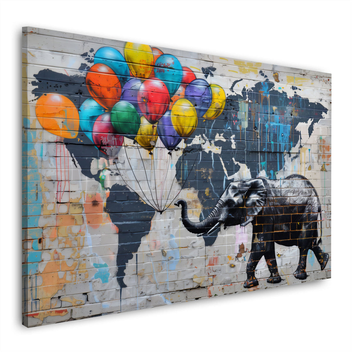 Elefante con palloncini e mappa del mondo in Street Art quadro