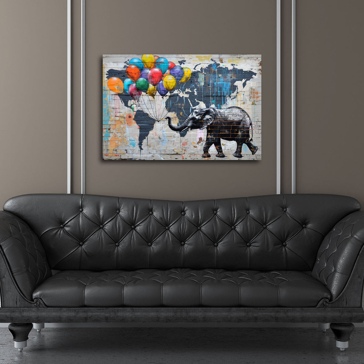Elefante con palloncini e mappa del mondo in Street Art quadro