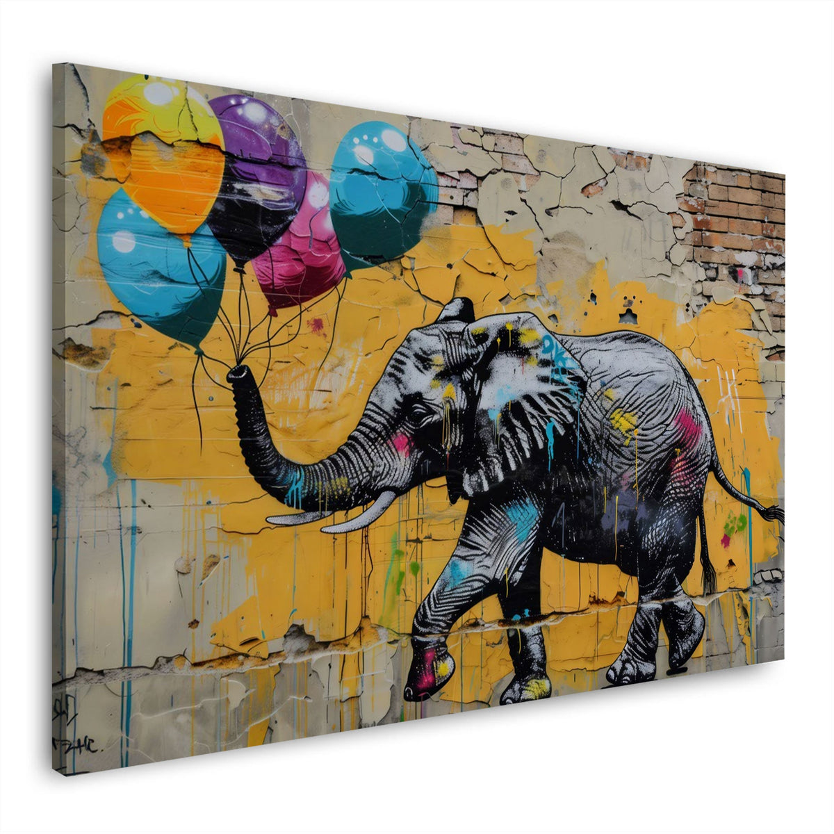 Elefante con palloncini su muro giallo in stile Street Art quadro