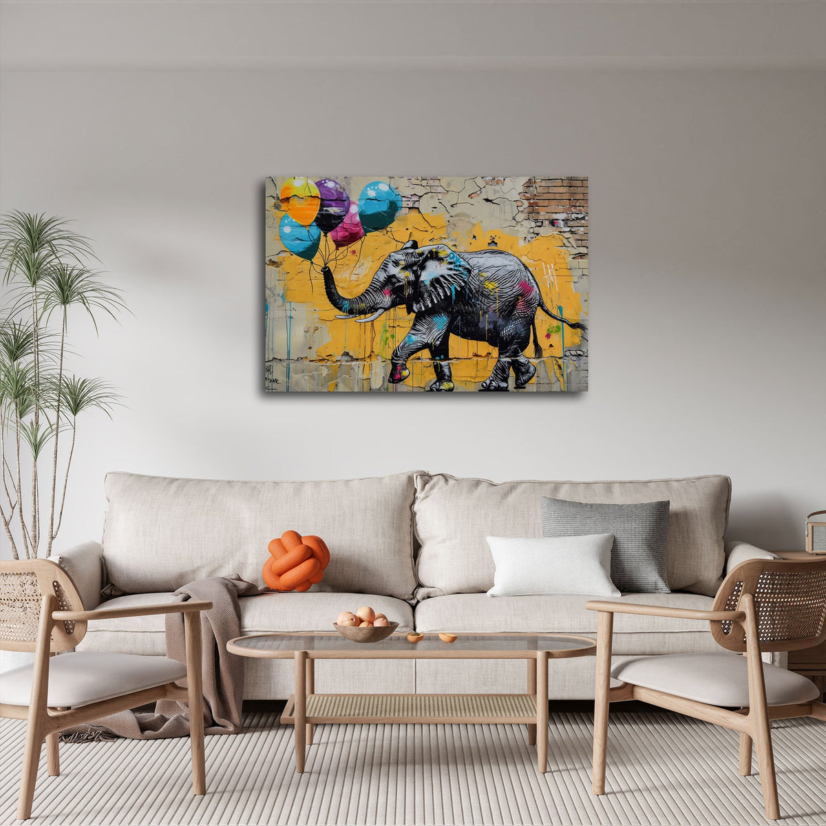 Elefante con palloncini su muro giallo in stile Street Art quadro