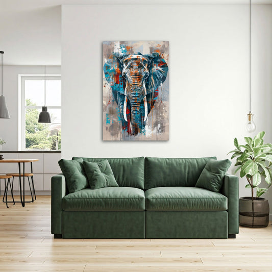 Quadro elefante blu espressivo in soggiorno