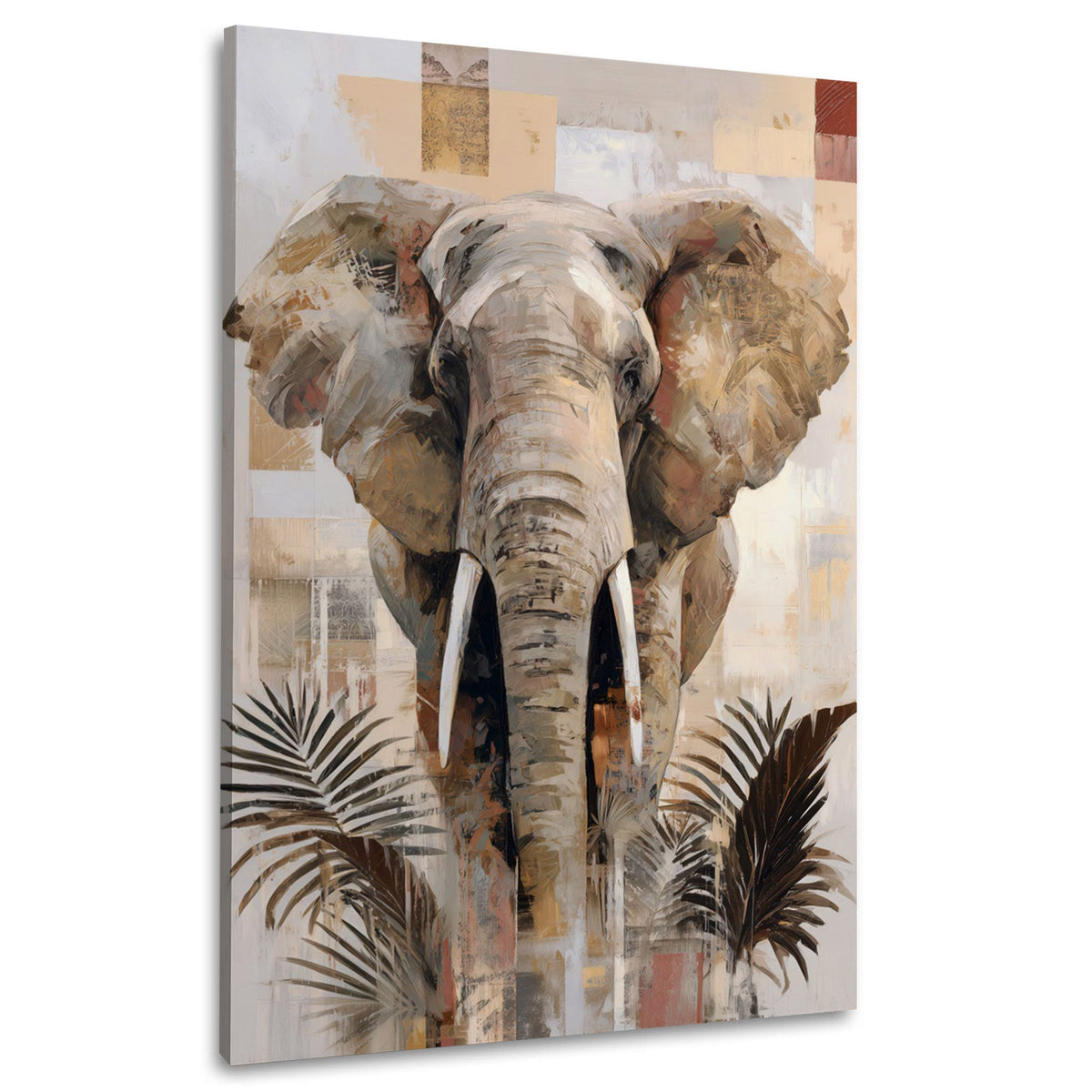Elefante in stile boho con palme e toni beige quadro