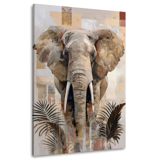 Elefante in stile boho con palme e toni beige quadro