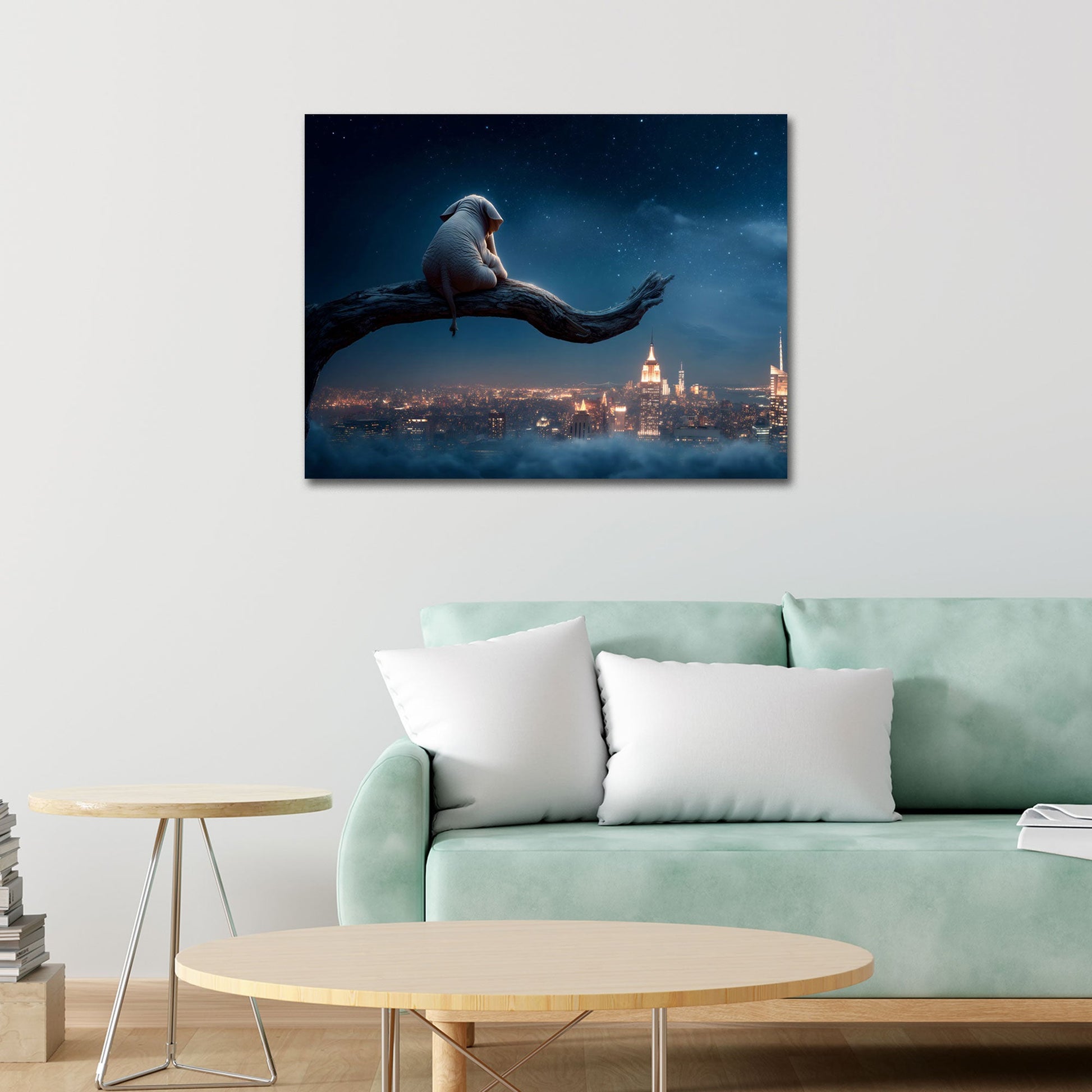 Elefante sognante sul ramo sopra la skyline notturna quadro - Mockup 2