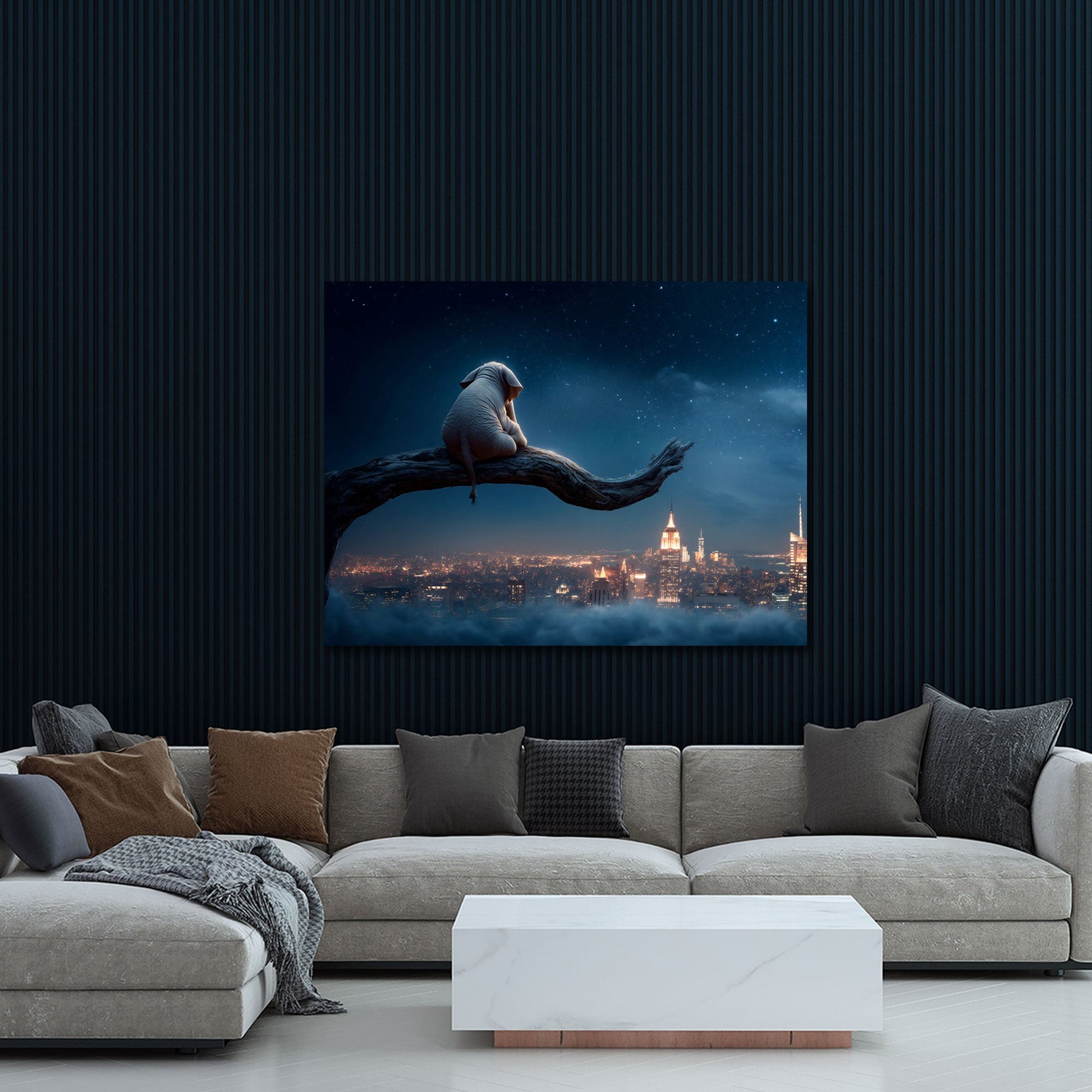 Elefante sognante sul ramo sopra la skyline notturna quadro - Mockup 3
