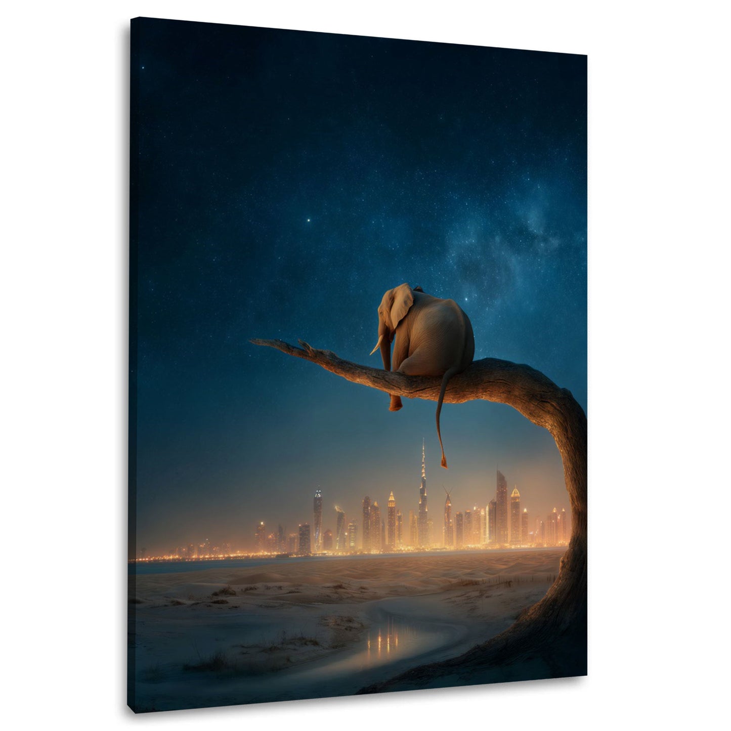 Elefante sul ramo con panorama urbano dorato quadro