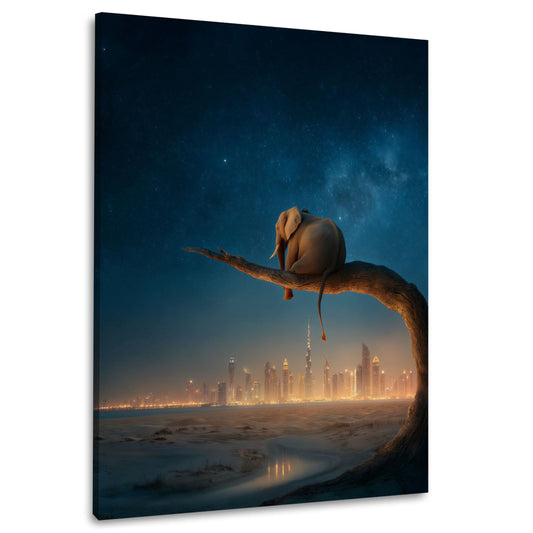 Elefante sul ramo con panorama urbano dorato quadro