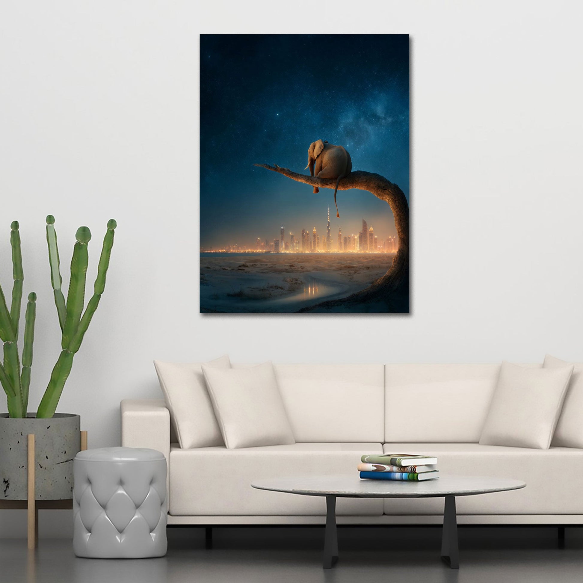 Elefante sul ramo con panorama urbano dorato quadro