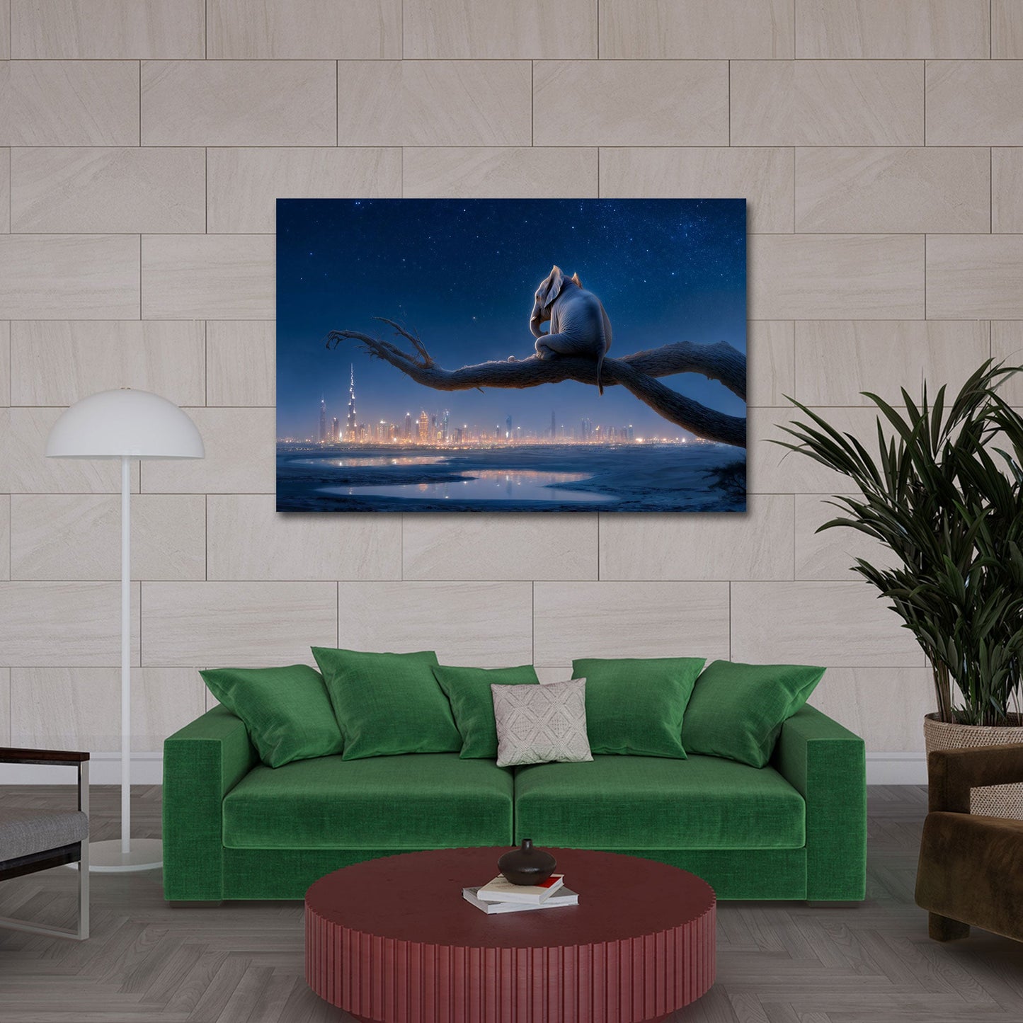 Elefante sul ramo osserva la skyline luminosa di notte quadro