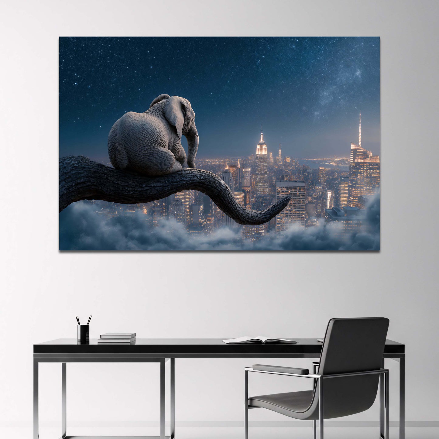 Elefante sul ramo sopra lo skyline di New York quadro - vista 2
