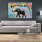 Elefante volante appeso a palloncini colorati Street Art quadro