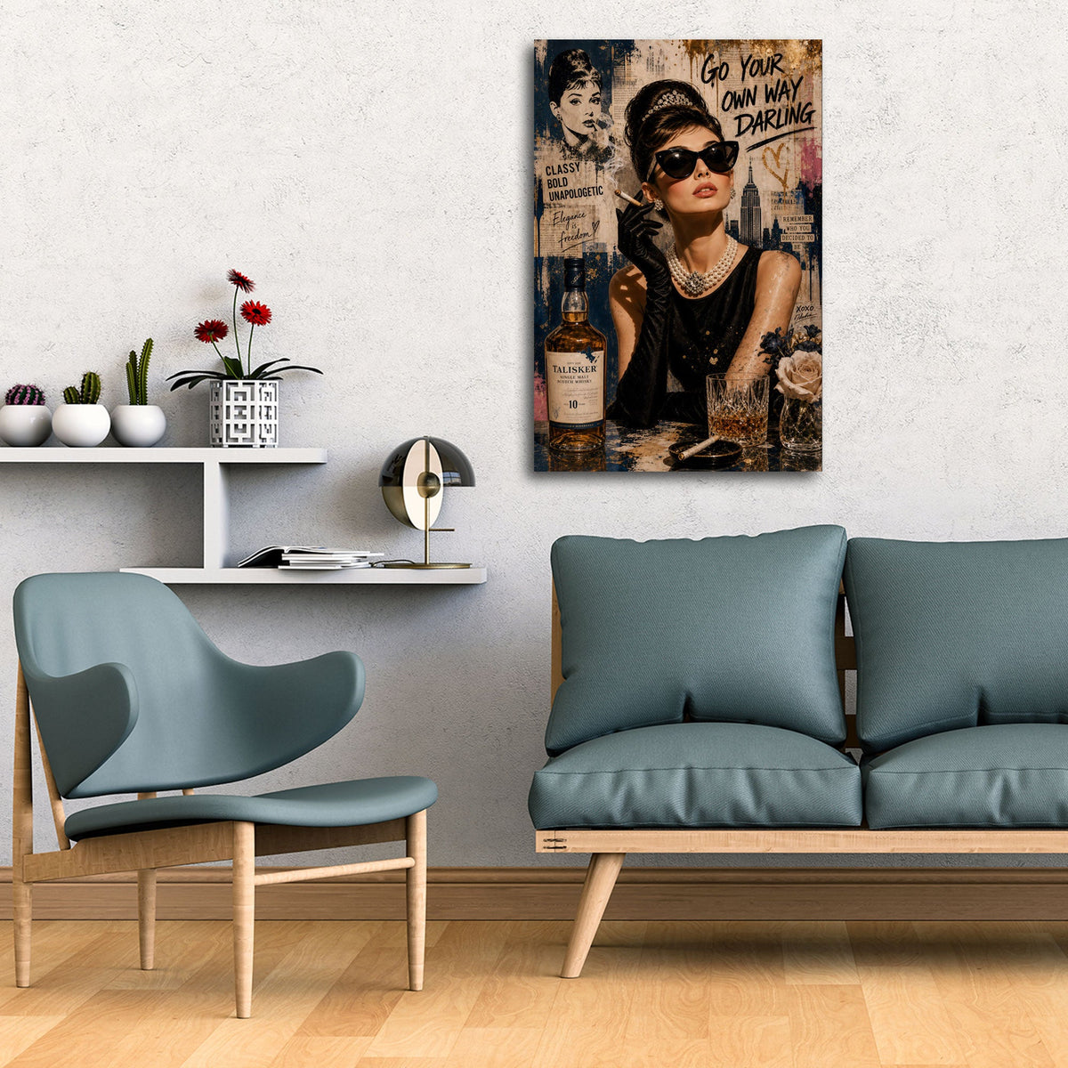 Elegante icona Audrey con perle e skyline di New York USA quadro