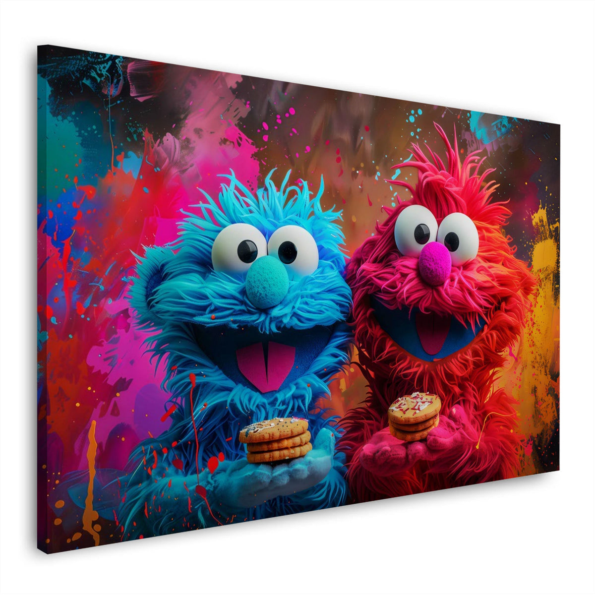 Peluche rosso e blu con biscotti su muro graffiti colorato quadro