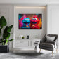 Peluche rosso e blu con biscotti su muro graffiti colorato quadro
