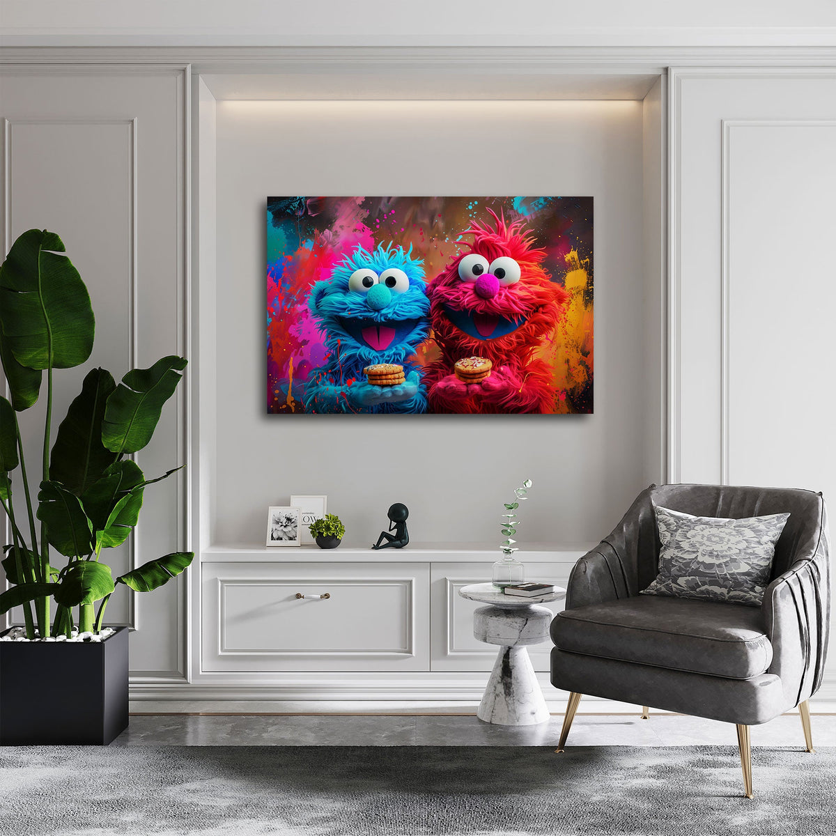 Peluche rosso e blu con biscotti su muro graffiti colorato quadro