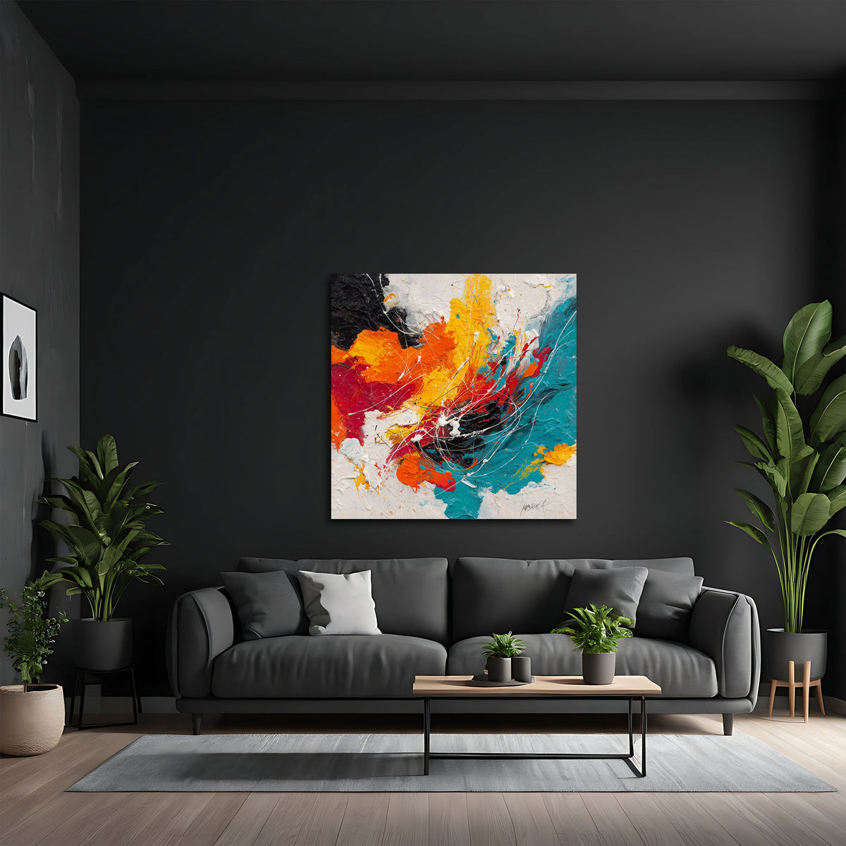 Quadro astratto arancio e turchese in soggiorno