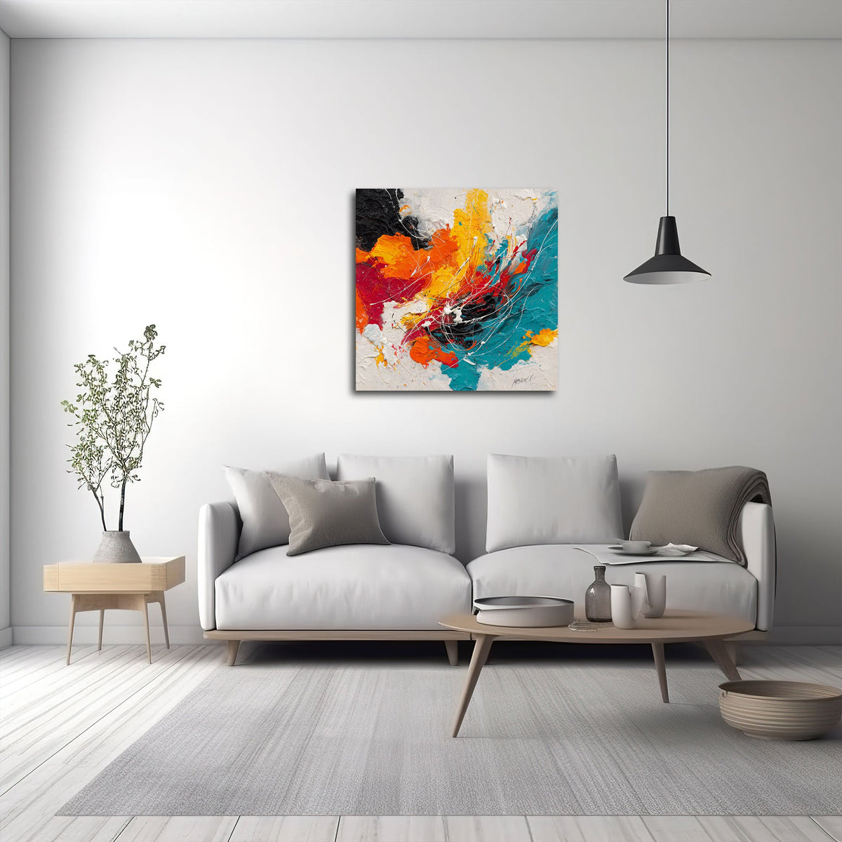 Quadro astratto arancio e turchese ambientato