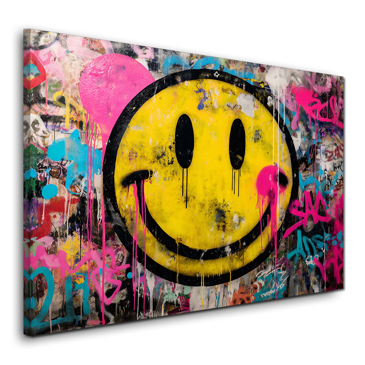Faccina gialla su sfondo graffiti vivace e multicolore quadro