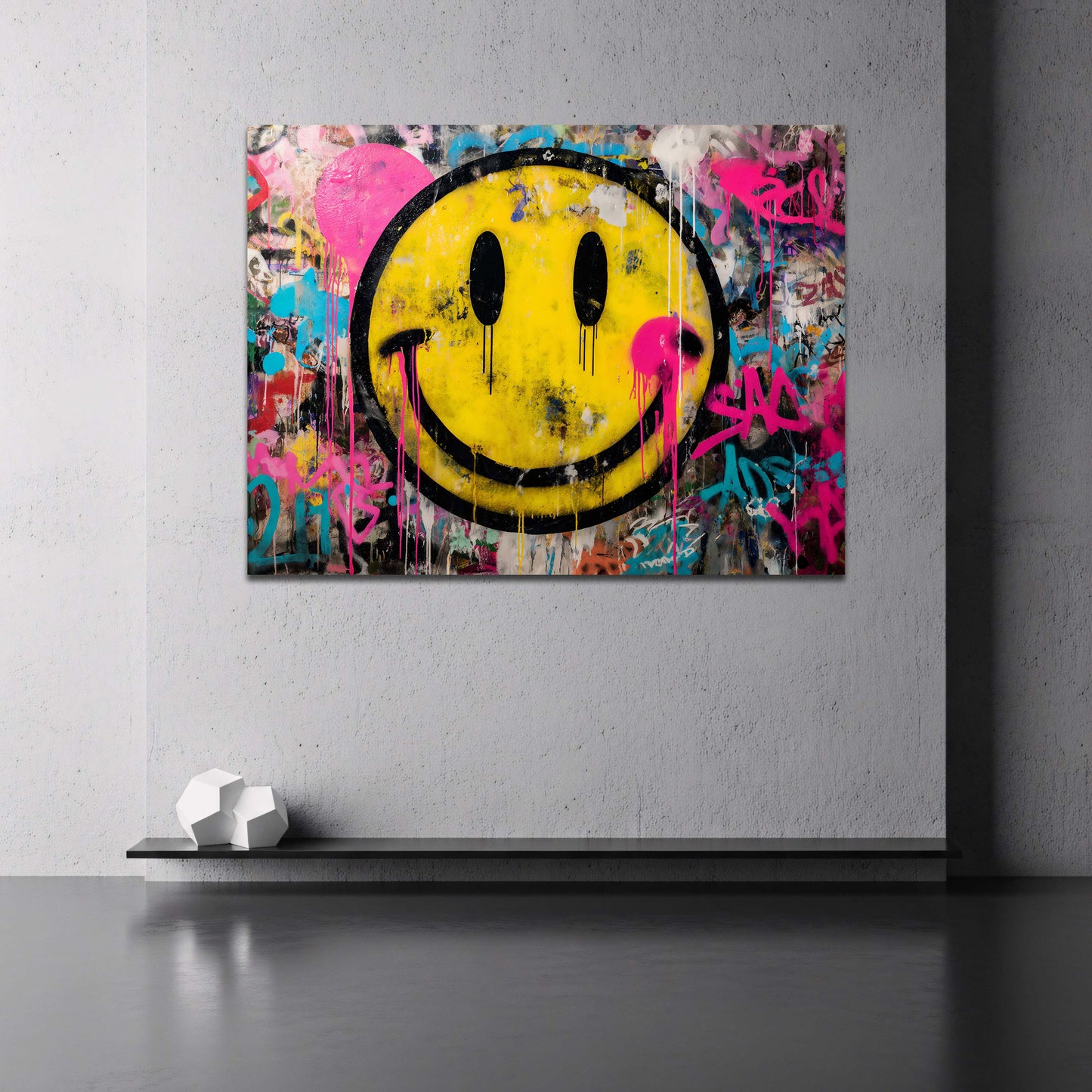Faccina gialla su sfondo graffiti vivace e multicolore quadro