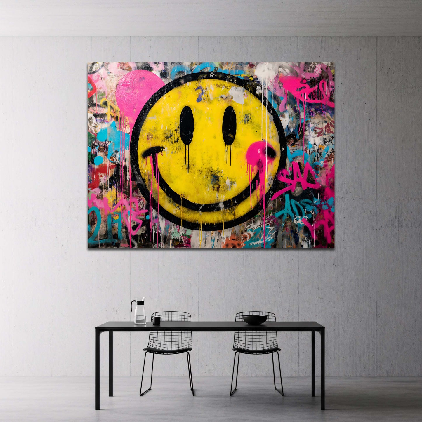 Faccina gialla su sfondo graffiti vivace e multicolore quadro
