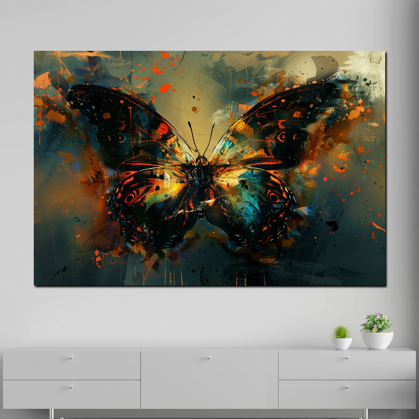 Farfalla astratta dai toni arancioni blu e neri quadro