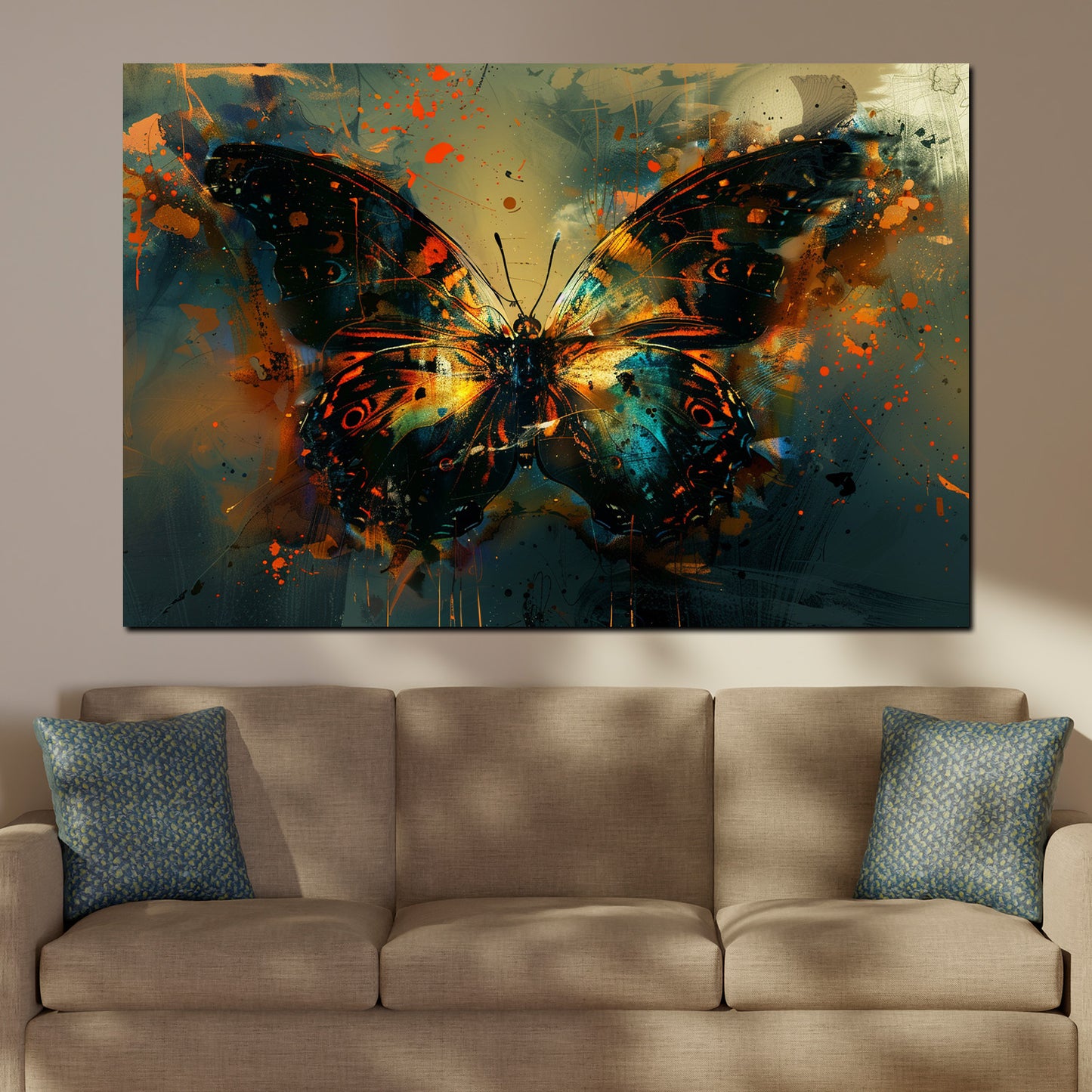 Farfalla astratta dai toni arancioni blu e neri quadro