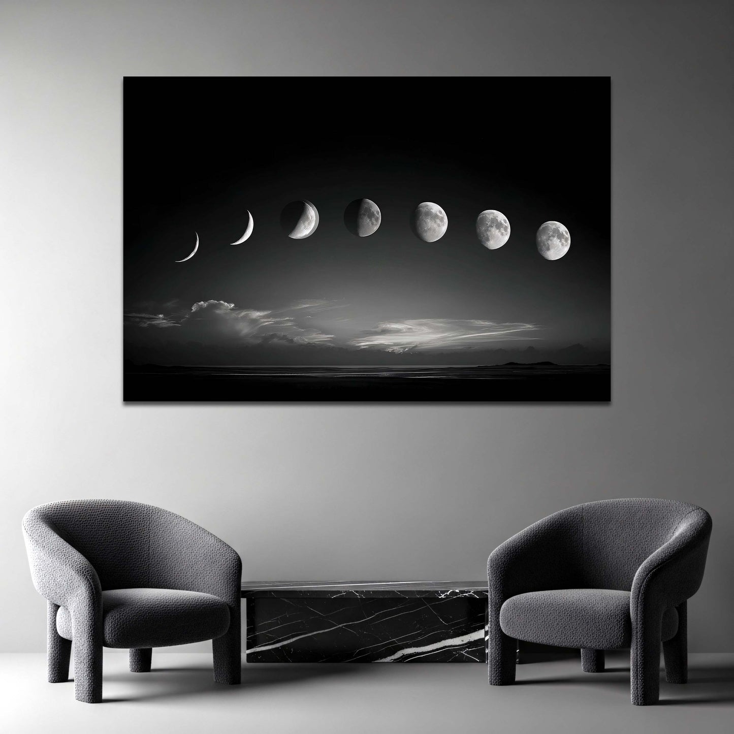 Fasi lunari in bianco e nero sopra l'oceano notturno quadro