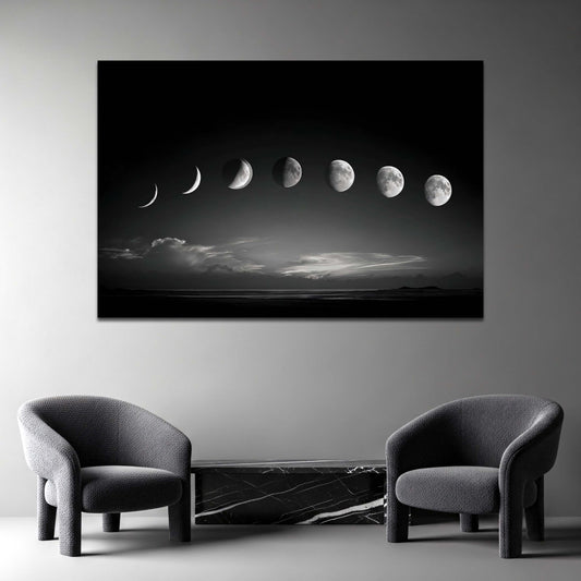 Fasi lunari in bianco e nero sopra l'oceano notturno quadro