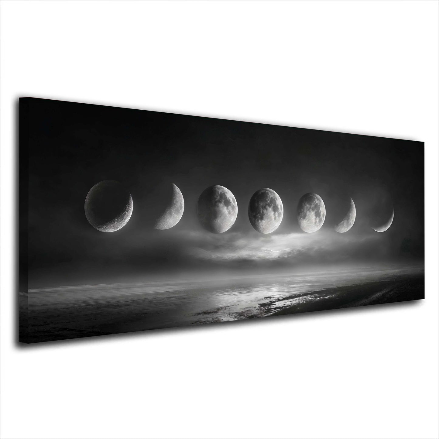Fasi lunari panorama con nebbia e riflesso sull'acqua quadro