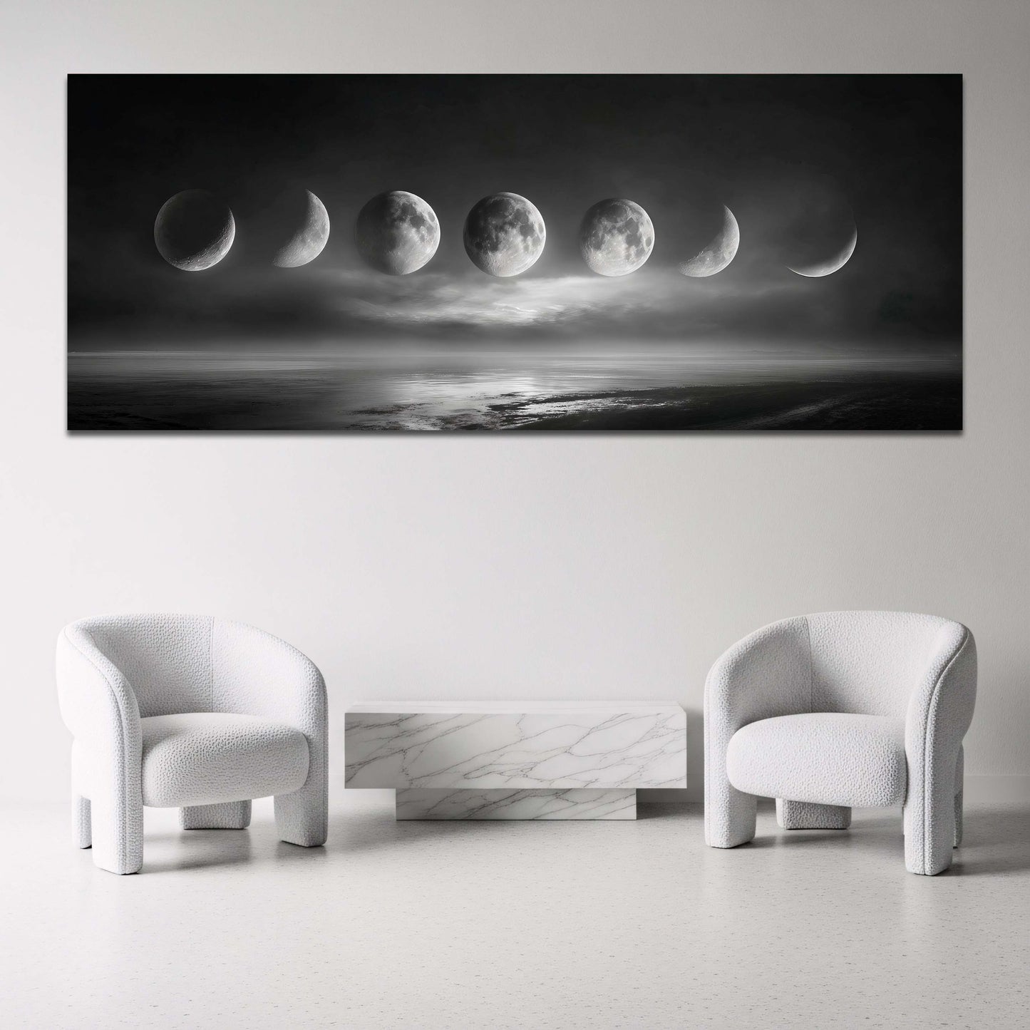 Fasi lunari panorama con nebbia e riflesso sull'acqua quadro